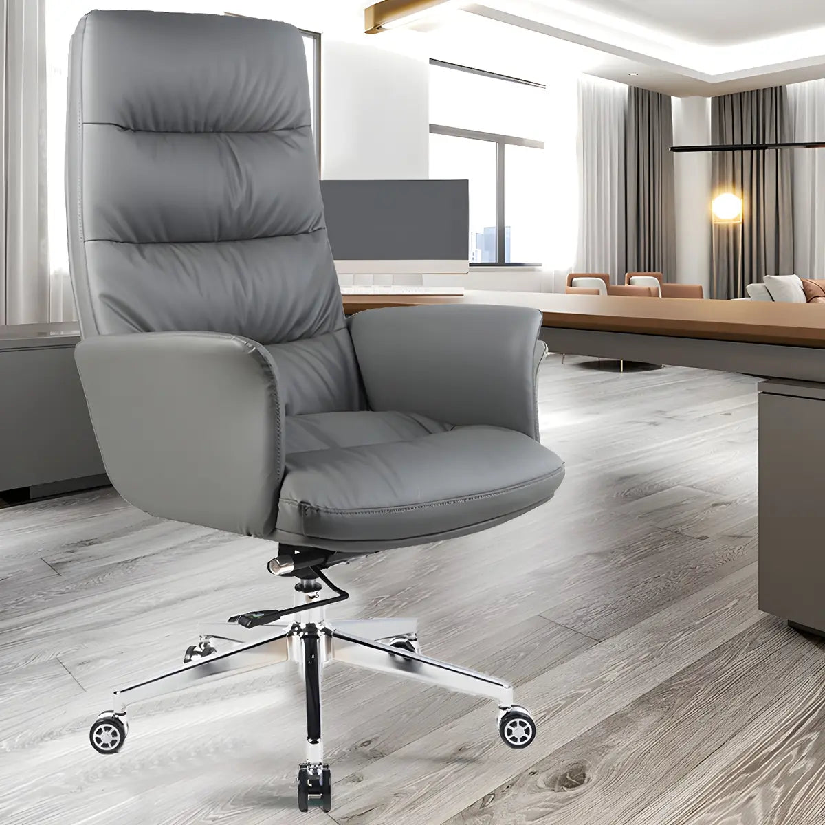 Modern High-Back Faux Leather Grey Adjustable Office Chair Image - 4