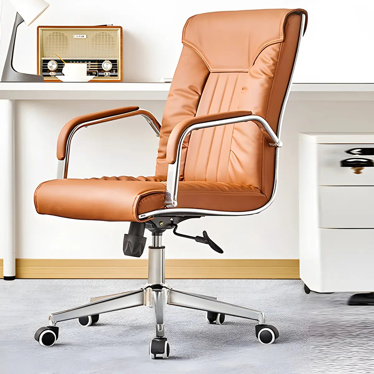 Modern High-Back Leather Office Chair with Fixed Arms Image - 4