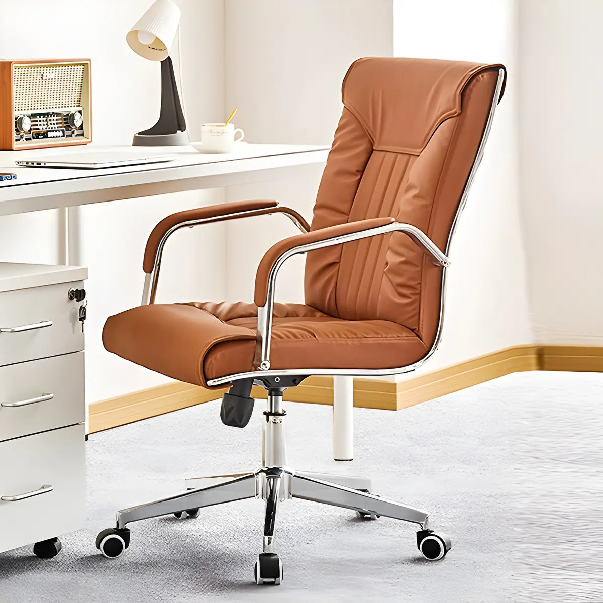 Modern High-Back Leather Office Chair with Fixed Arms Image - 6