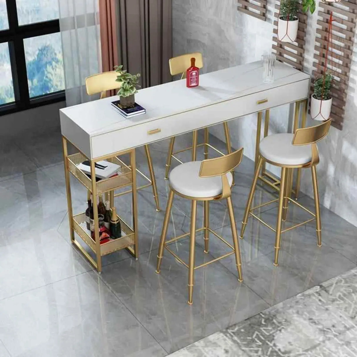 Modern Home Bar Height Table with Storage Shelves Image - 3