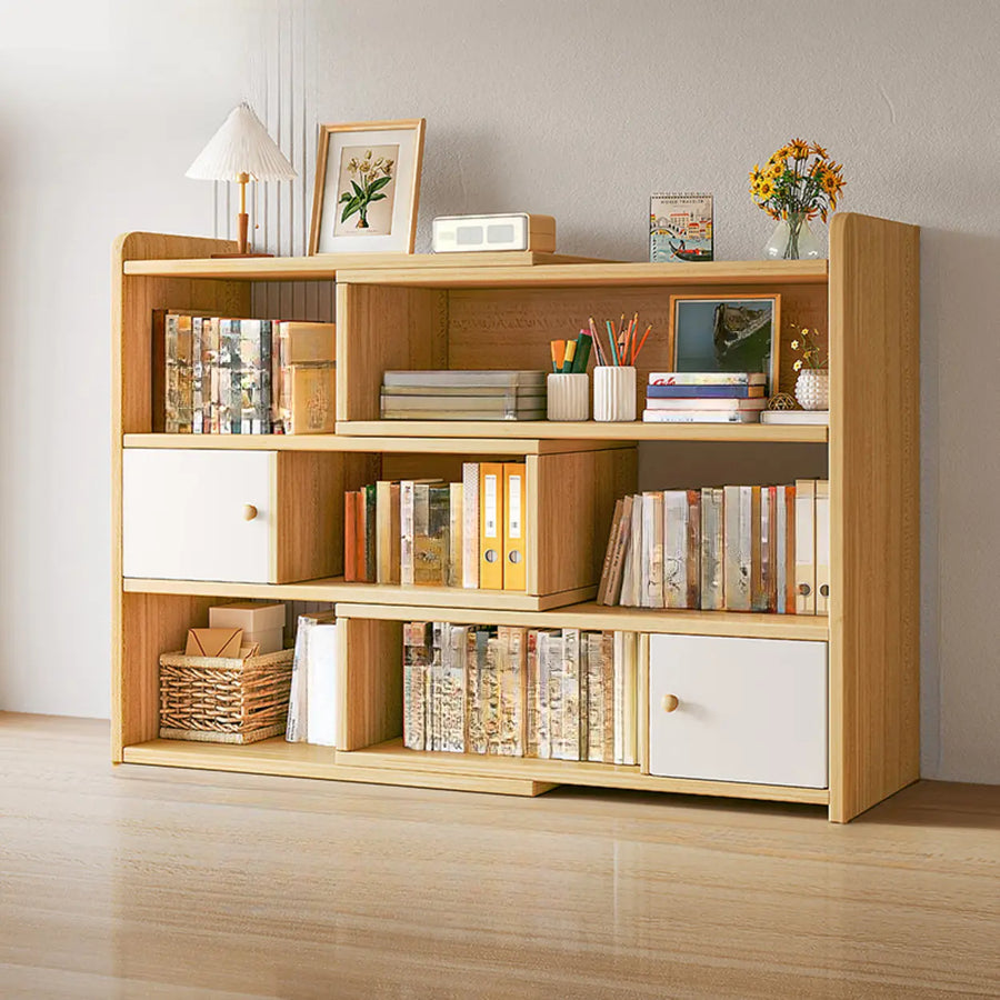 Shallow horizontal wooden bookcase for bedrooms hallways and compact living spaces