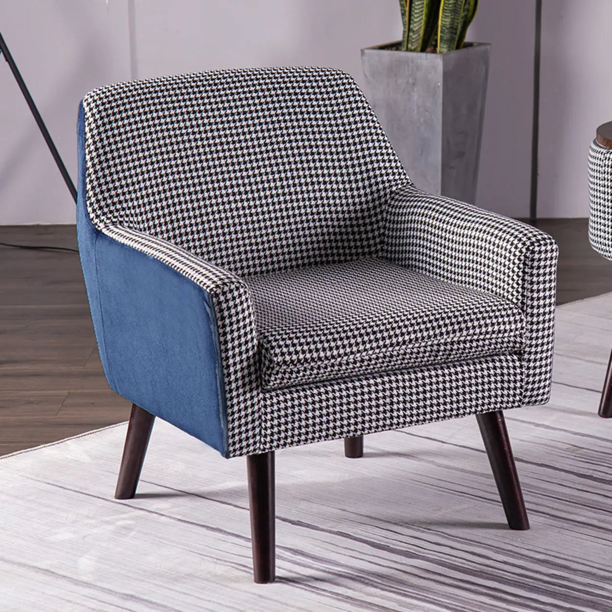 Modern Houndstooth Fabric Living Room Blue Arm Accent Chair Image - 8