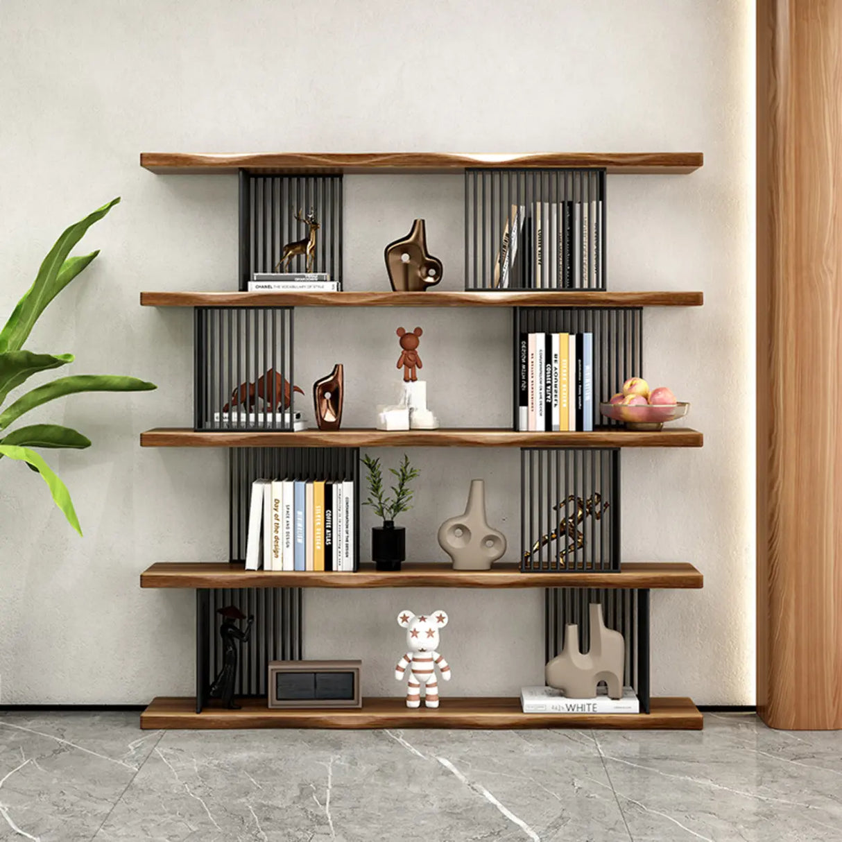 Modern Industrial Vertical Wood Wave 4-Tier Bookshelf Image - 1