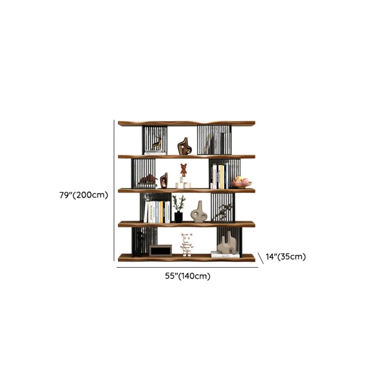 Modern Industrial Vertical Wood Wave 4-Tier Bookshelf Image - 8