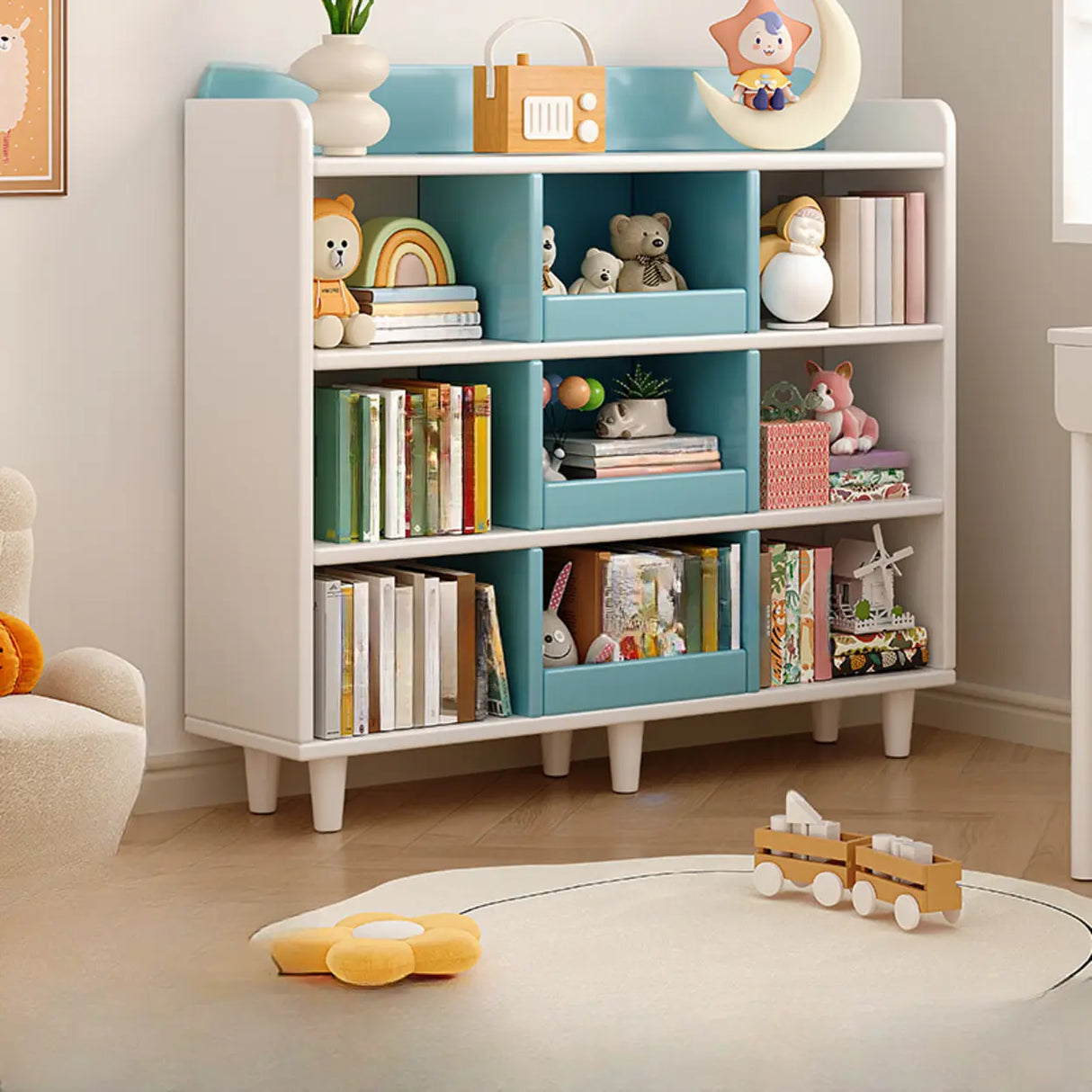 Modern Kids Closed Back Toy Organizer Wide Bookcase Image - 13