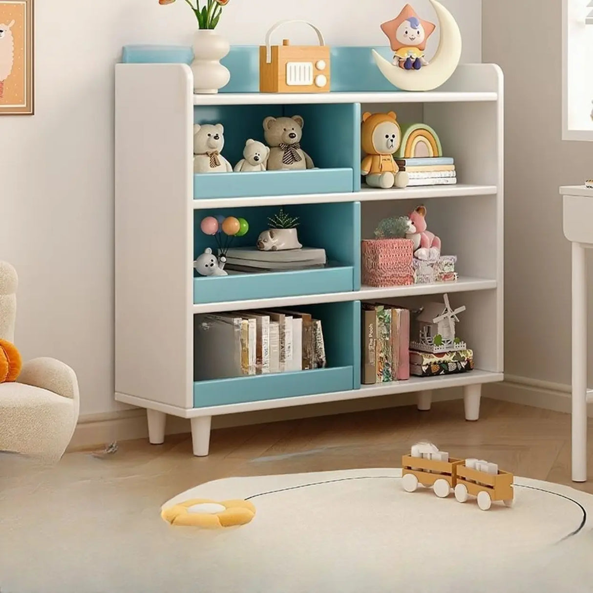 Modern Kids Closed Back Toy Organizer Wide Bookcase Image - 21
