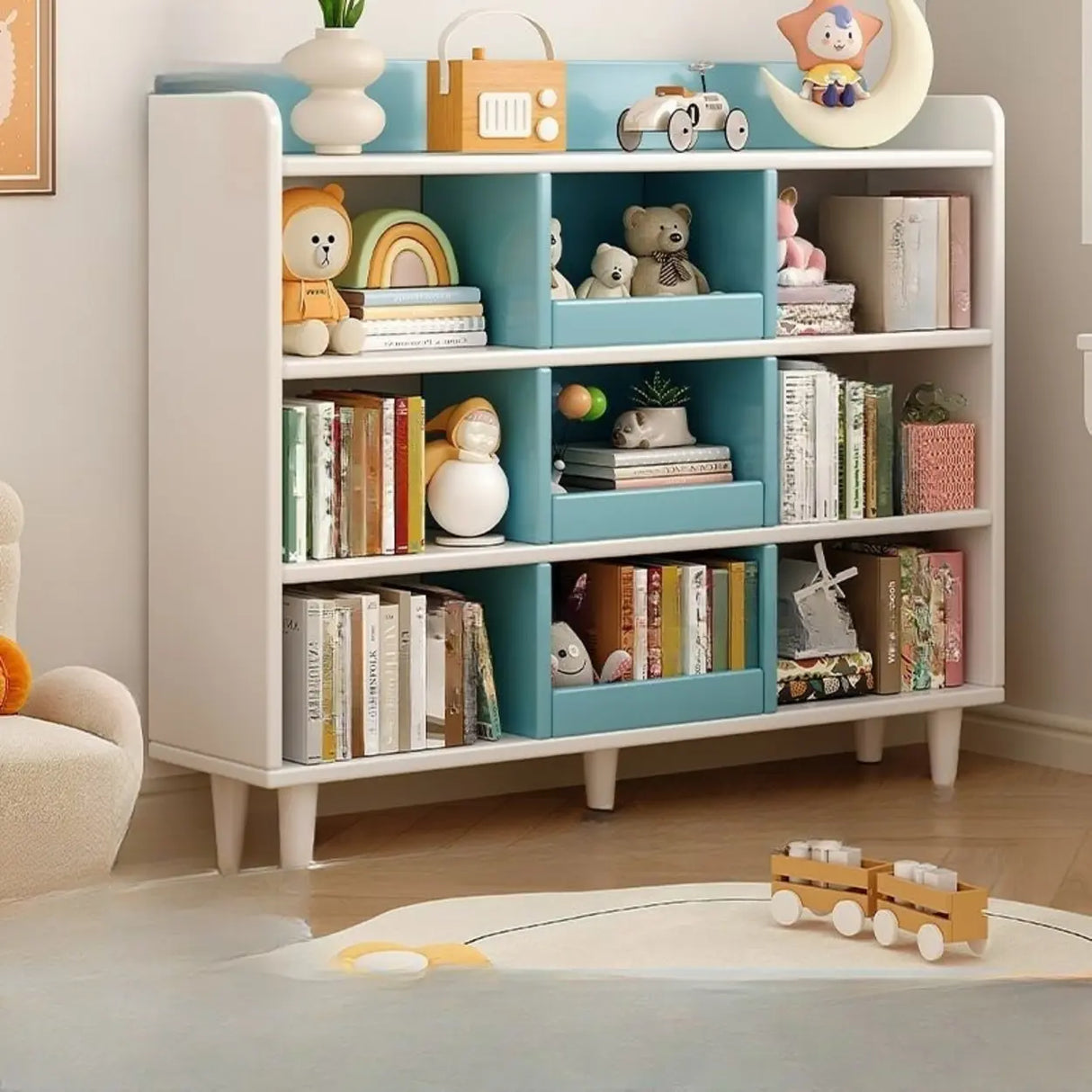 Modern Kids Closed Back Toy Organizer Wide Bookcase Image - 29