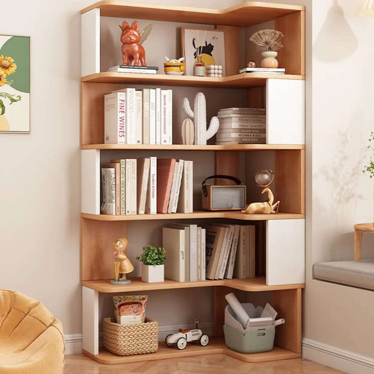 Modern Kids Room Open Back Vertical Wood Corner Bookshelf Image - 1
