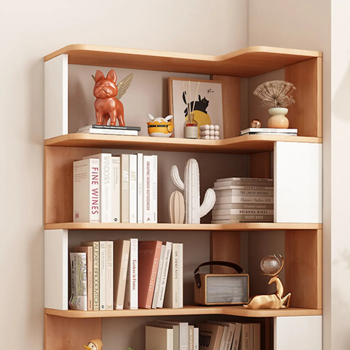 Modern Kids Room Open Back Vertical Wood Corner Bookshelf Image - 10