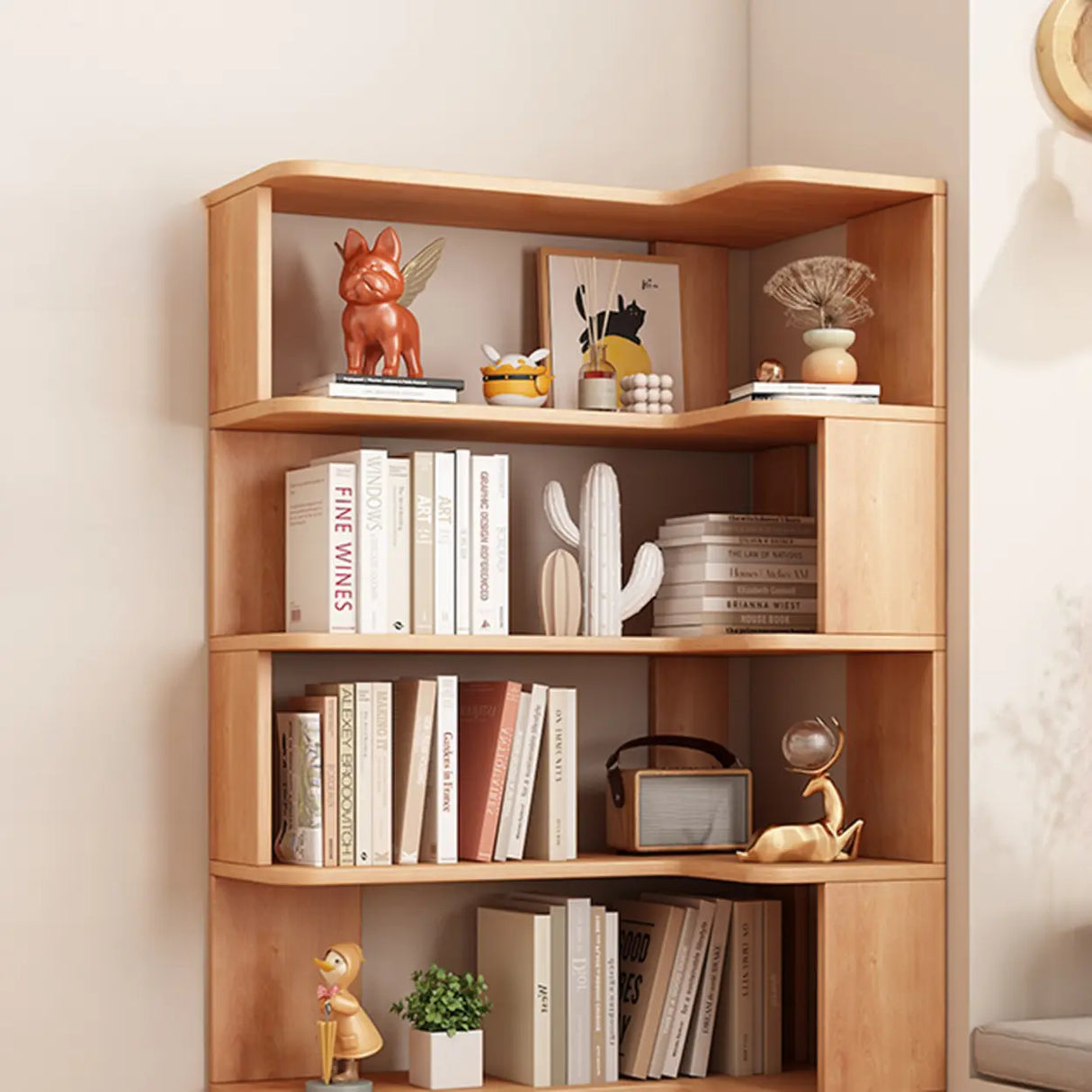 Modern Kids Room Open Back Vertical Wood Corner Bookshelf Image - 14
