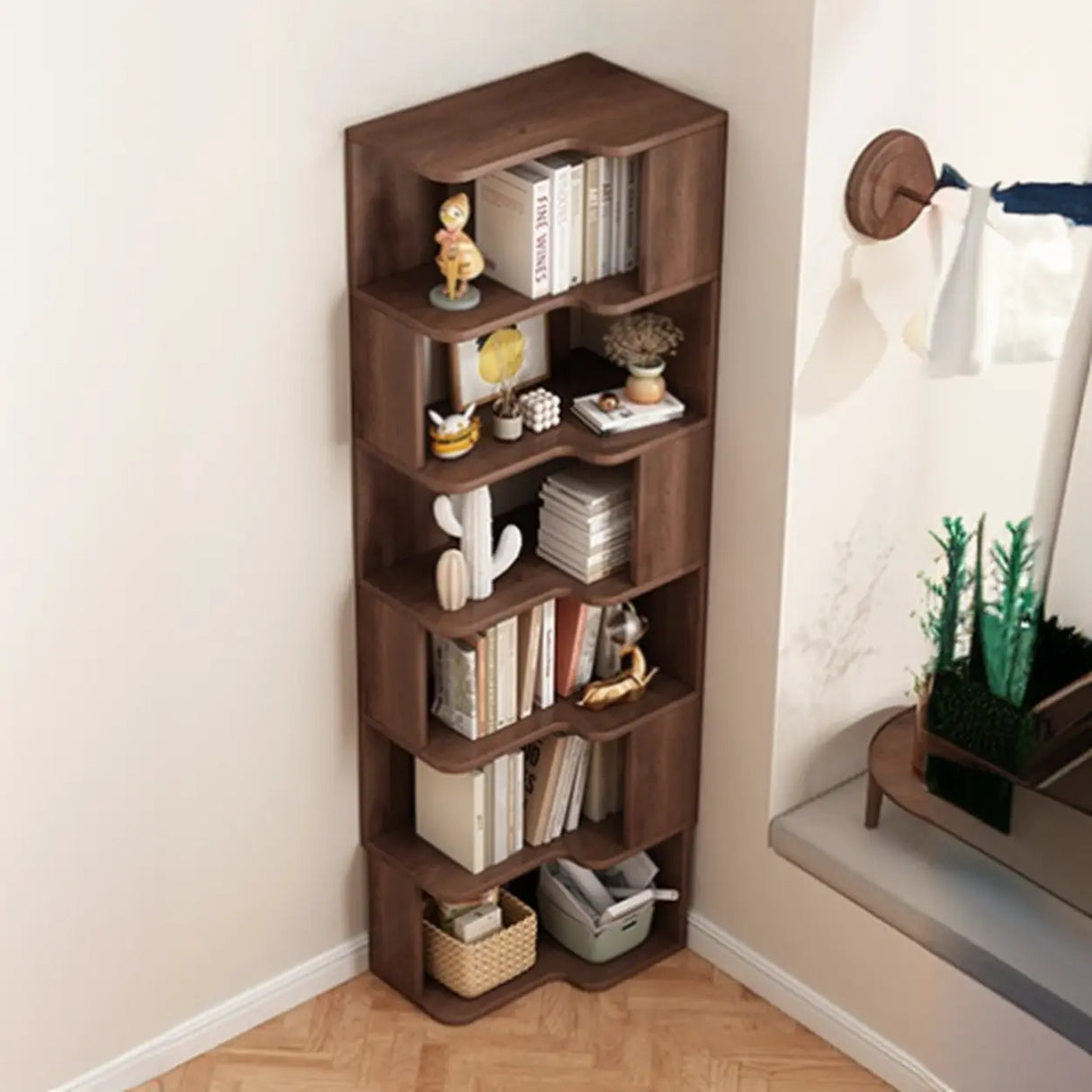 Modern Kids Room Open Back Vertical Wood Corner Bookshelf Image - 2
