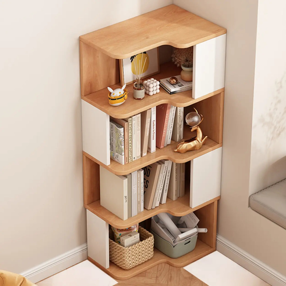 Modern Kids Room Open Back Vertical Wood Corner Bookshelf Image - 3