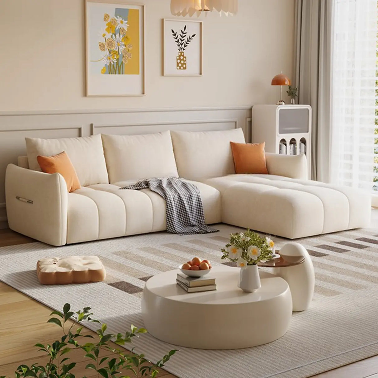 Modern L-Shape Fabric Living Room Beige Large Sofa Image - 1