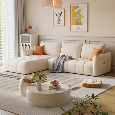 Modern L-Shape Fabric Living Room Beige Large Sofa Image - 2