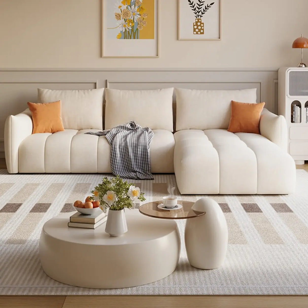 Modern L-Shape Fabric Living Room Beige Large Sofa Image - 3