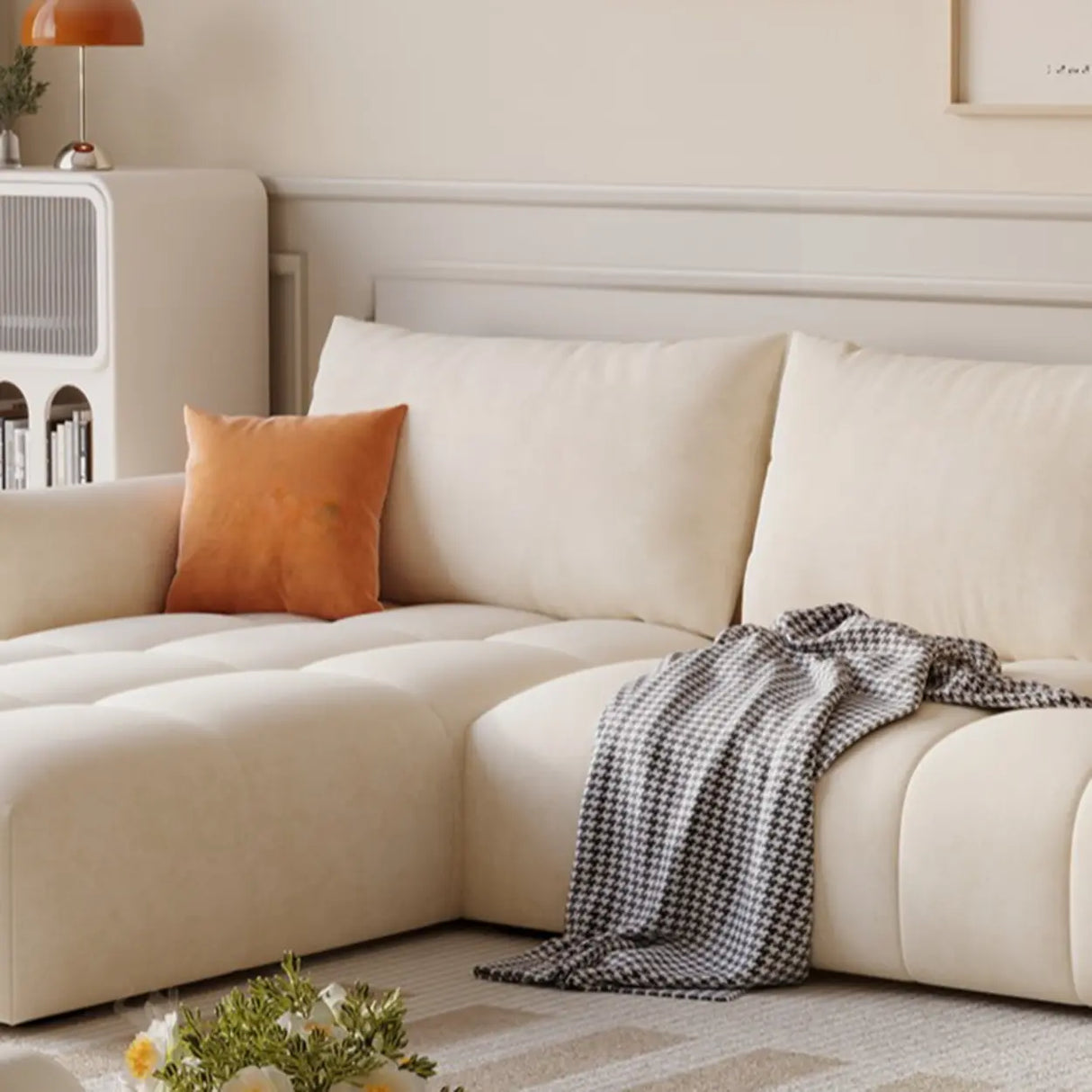 Modern L-Shape Fabric Living Room Beige Large Sofa Image - 9
