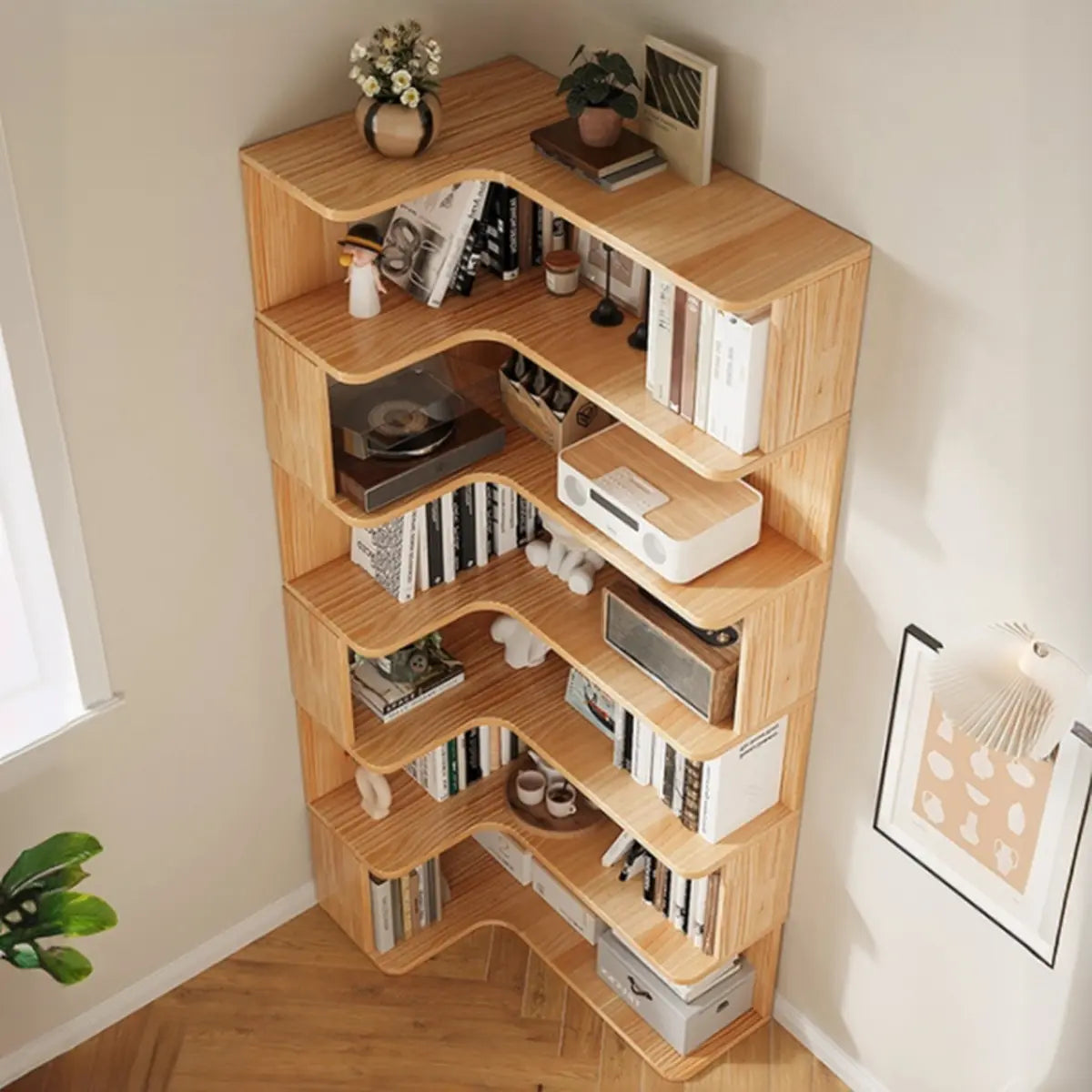 Modern L-Shape Natural Finish Wood Corner Bookcase Image - 1