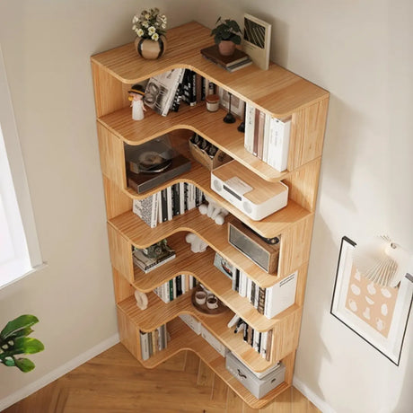 Modern L-Shape Natural Finish Wood Corner Bookcase Image - 1