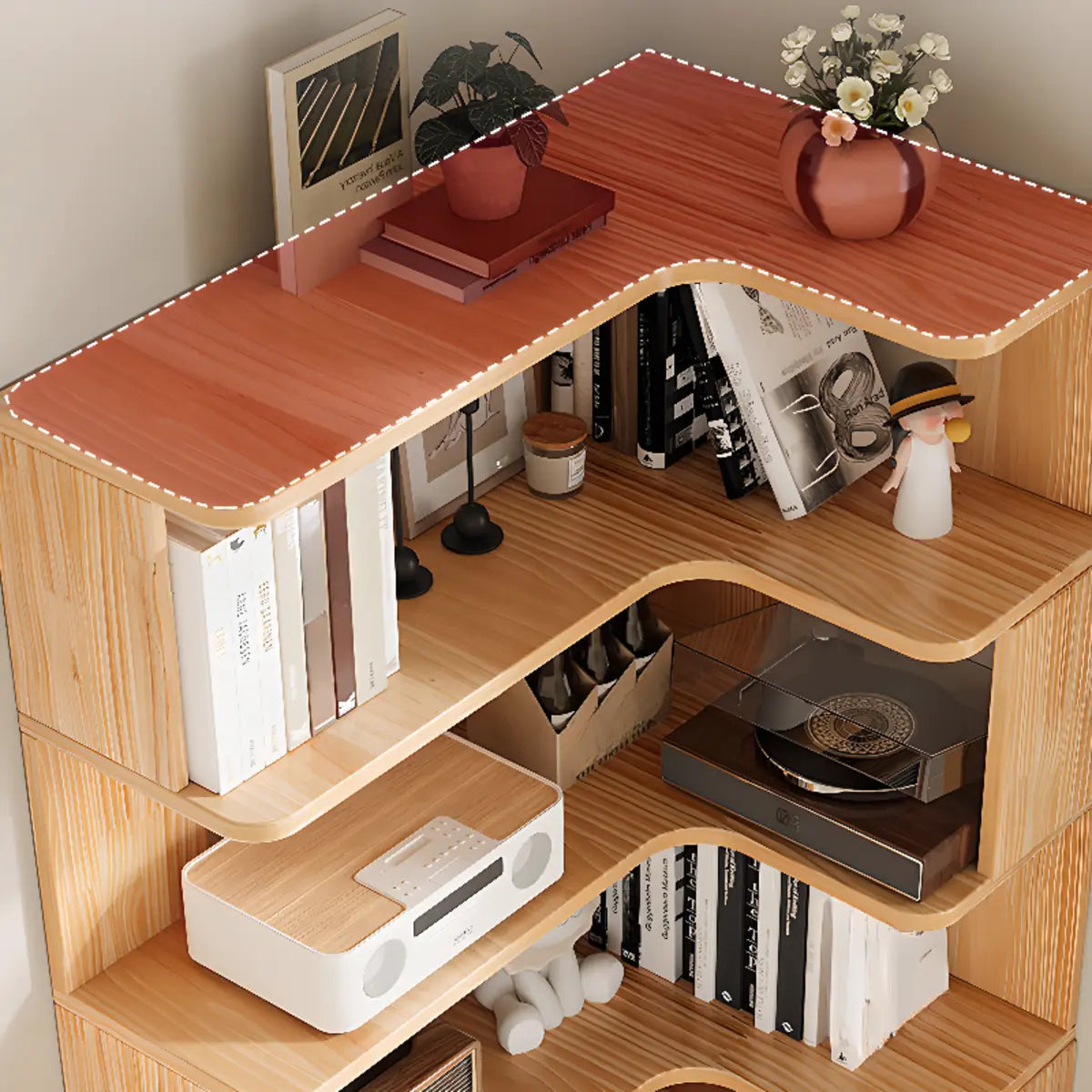 Modern L-Shape Natural Finish Wood Corner Bookcase Image - 12