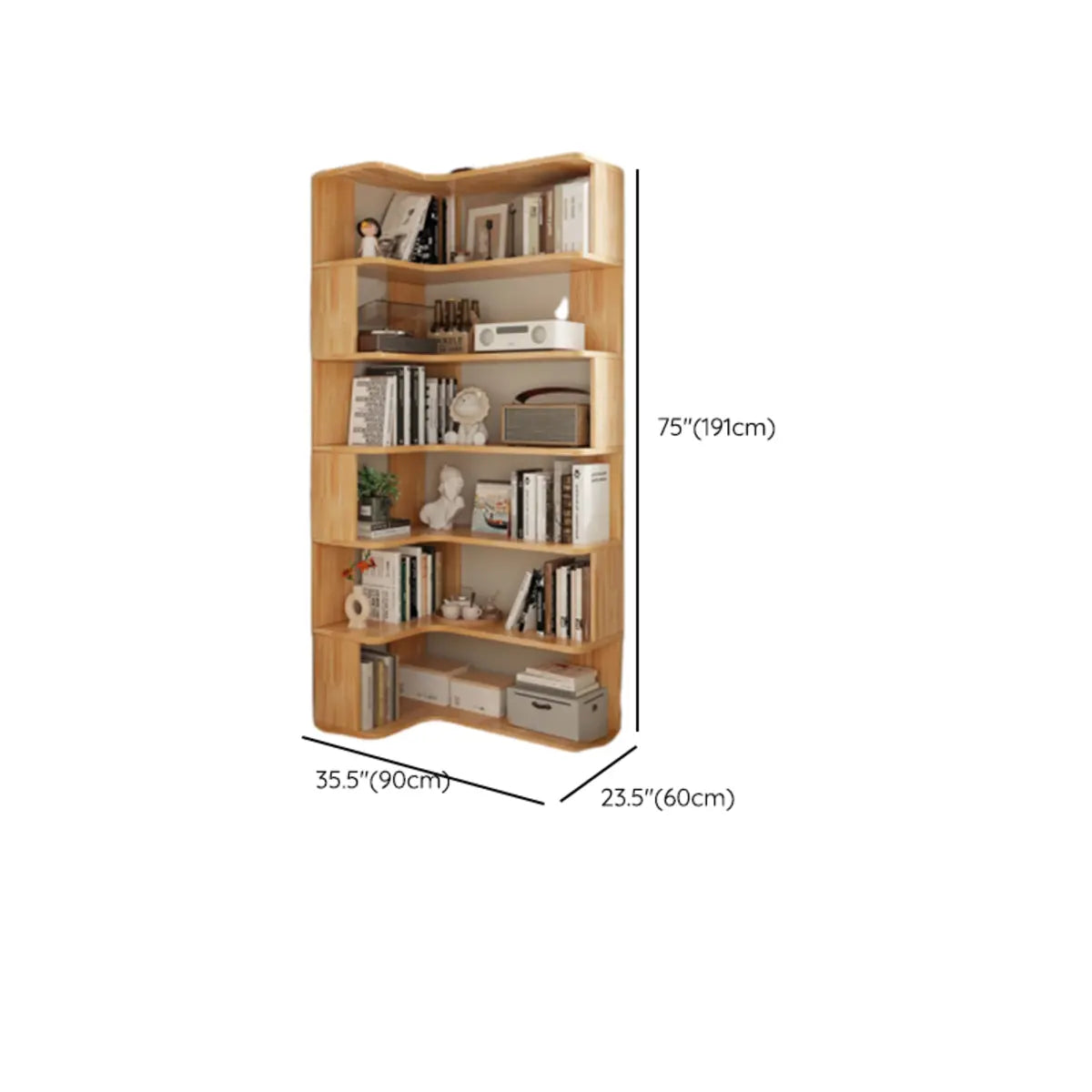 Modern L-Shape Natural Finish Wood Corner Bookcase Image - 19