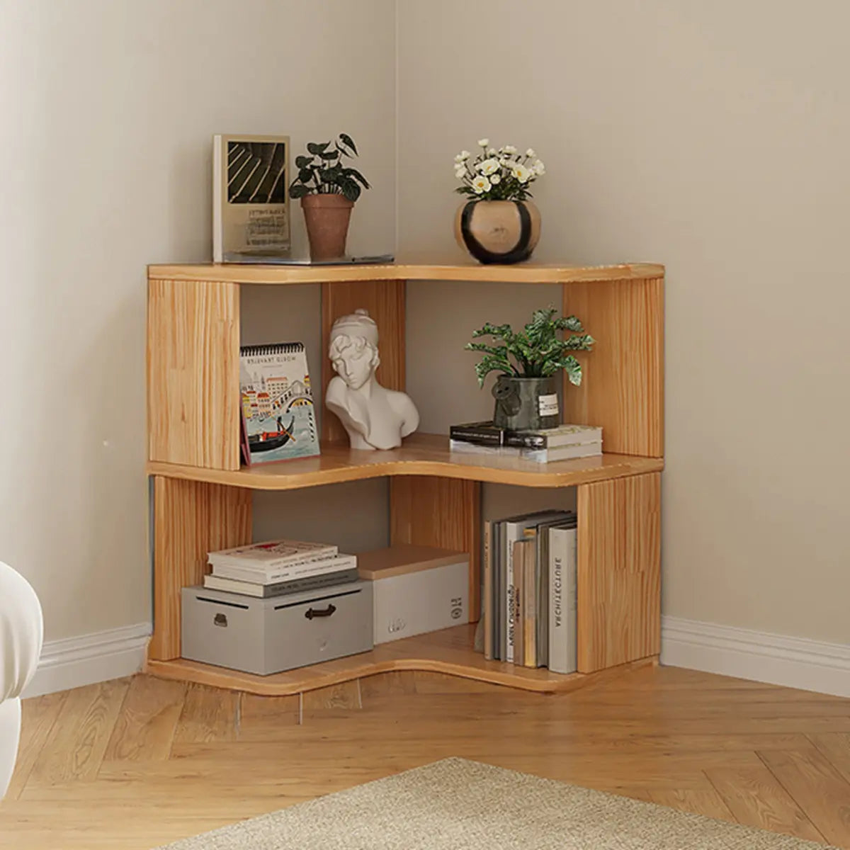 Modern L-Shape Natural Finish Wood Corner Bookcase Image - 2