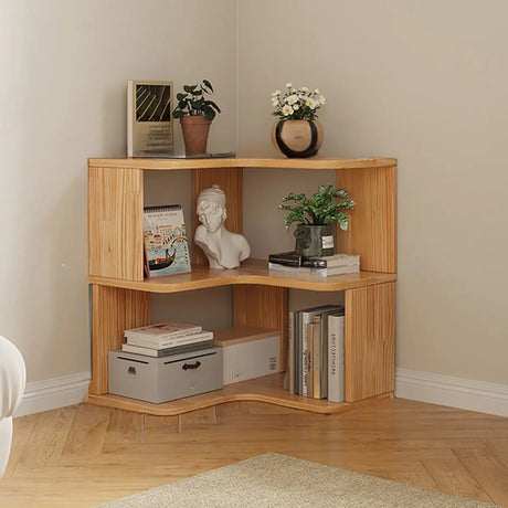 Modern L-Shape Natural Finish Wood Corner Bookcase Image - 2