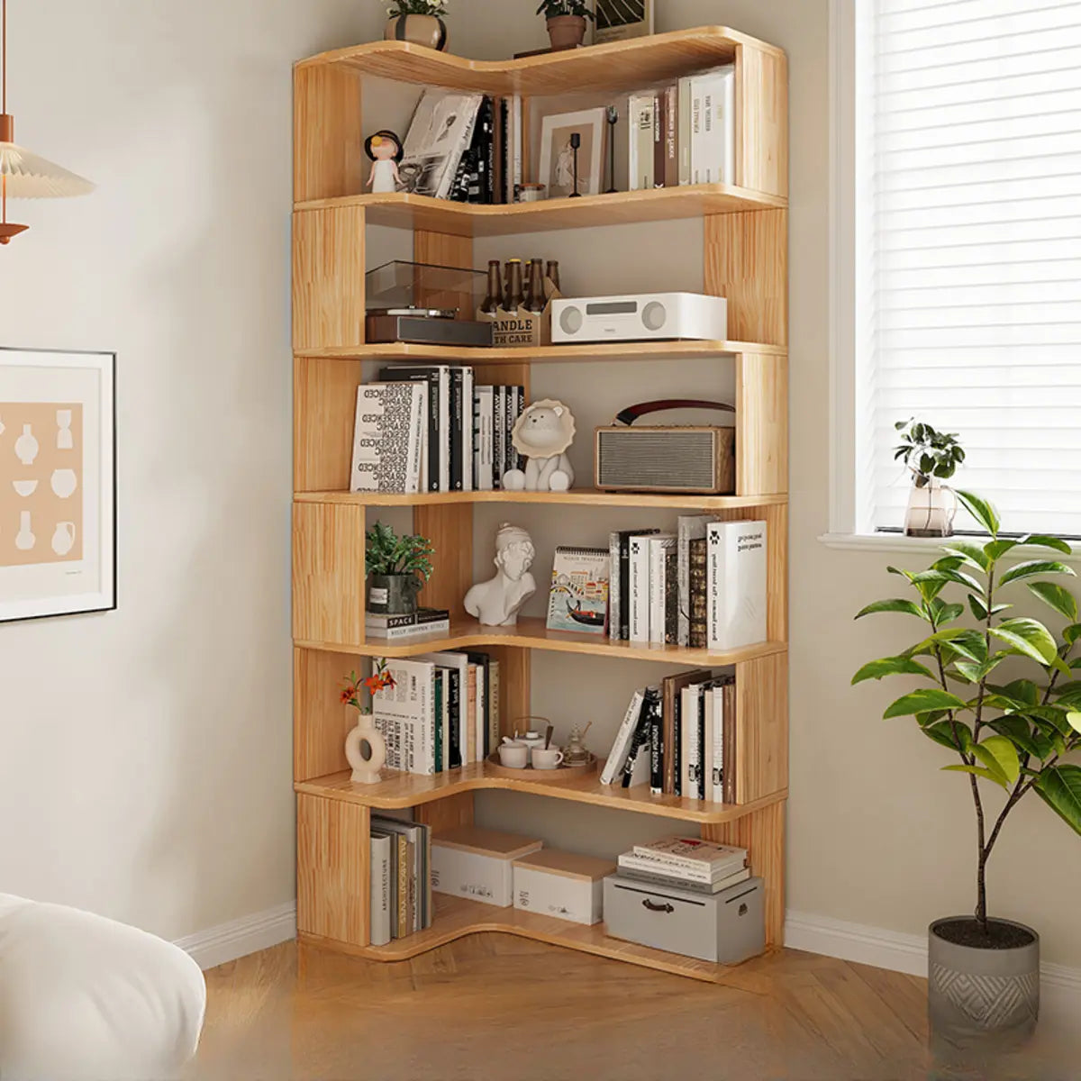 Modern L-Shape Natural Finish Wood Corner Bookcase Image - 4