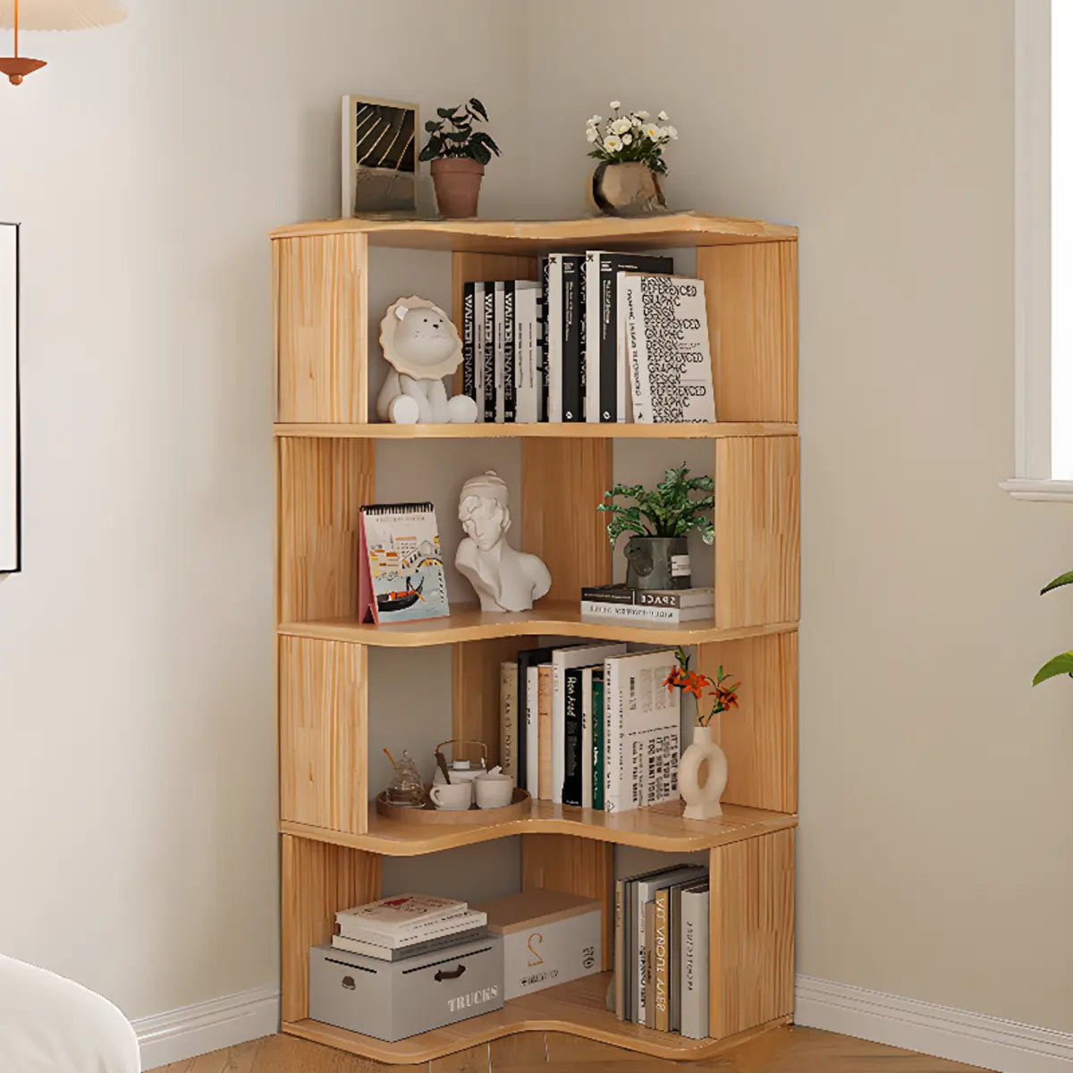 Modern L-Shape Natural Finish Wood Corner Bookcase Image - 5