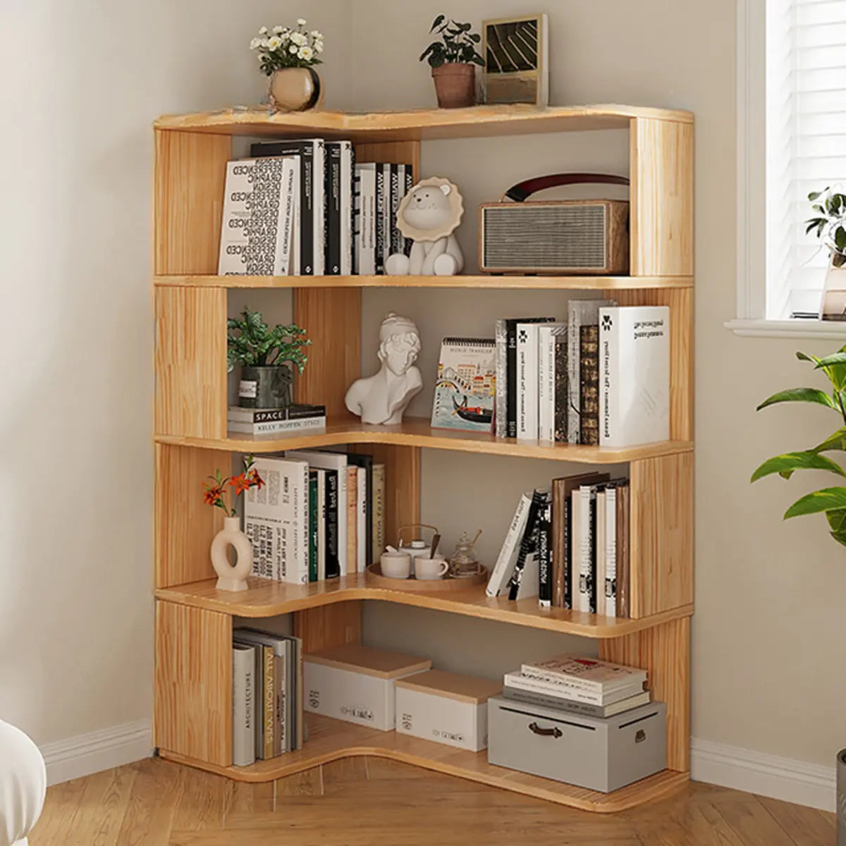 Modern L-Shape Natural Finish Wood Corner Bookcase Image - 6