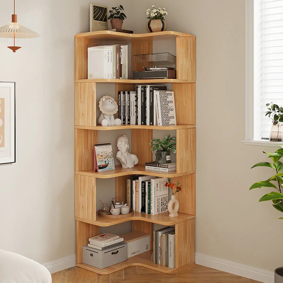 Modern L-Shape Natural Finish Wood Corner Bookcase Image - 7