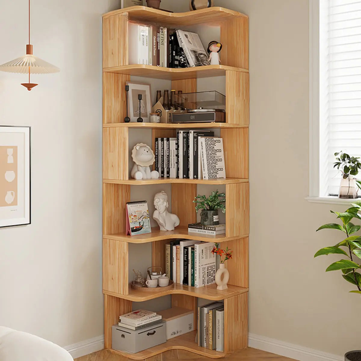 Modern L-Shape Natural Finish Wood Corner Bookcase Image - 8