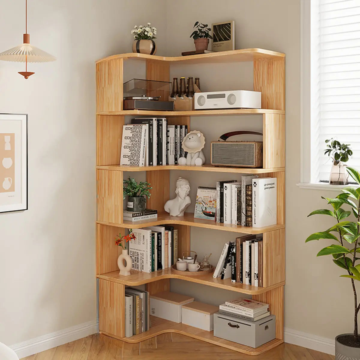 Modern L-Shape Natural Finish Wood Corner Bookcase Image - 9