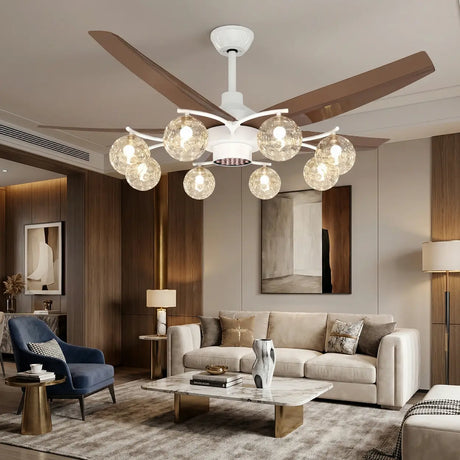 Modern Large 5-Blade Reversible Glass Globe Ceiling Fan Light Image - 1