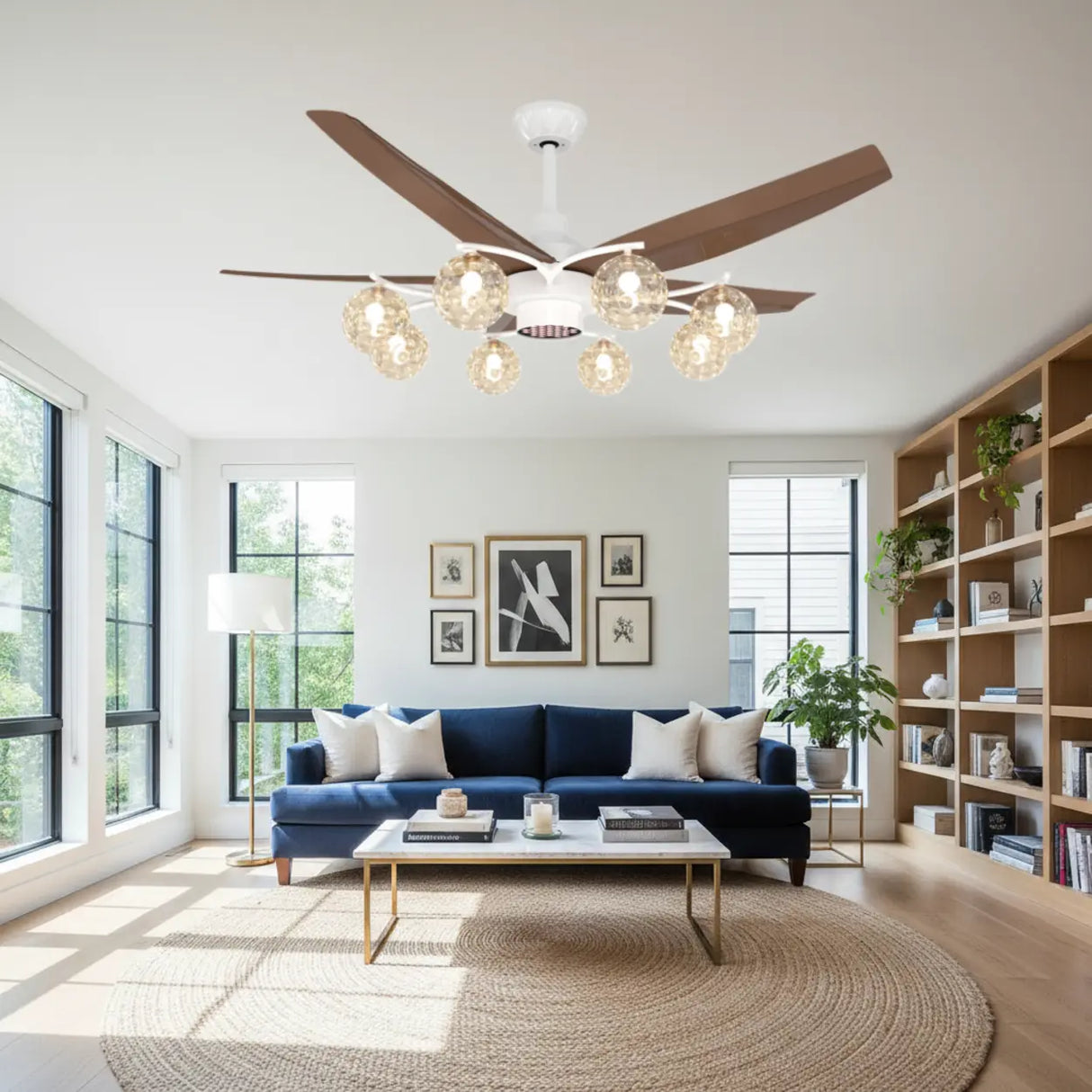 Modern Large 5-Blade Reversible Glass Globe Ceiling Fan Light Image - 3