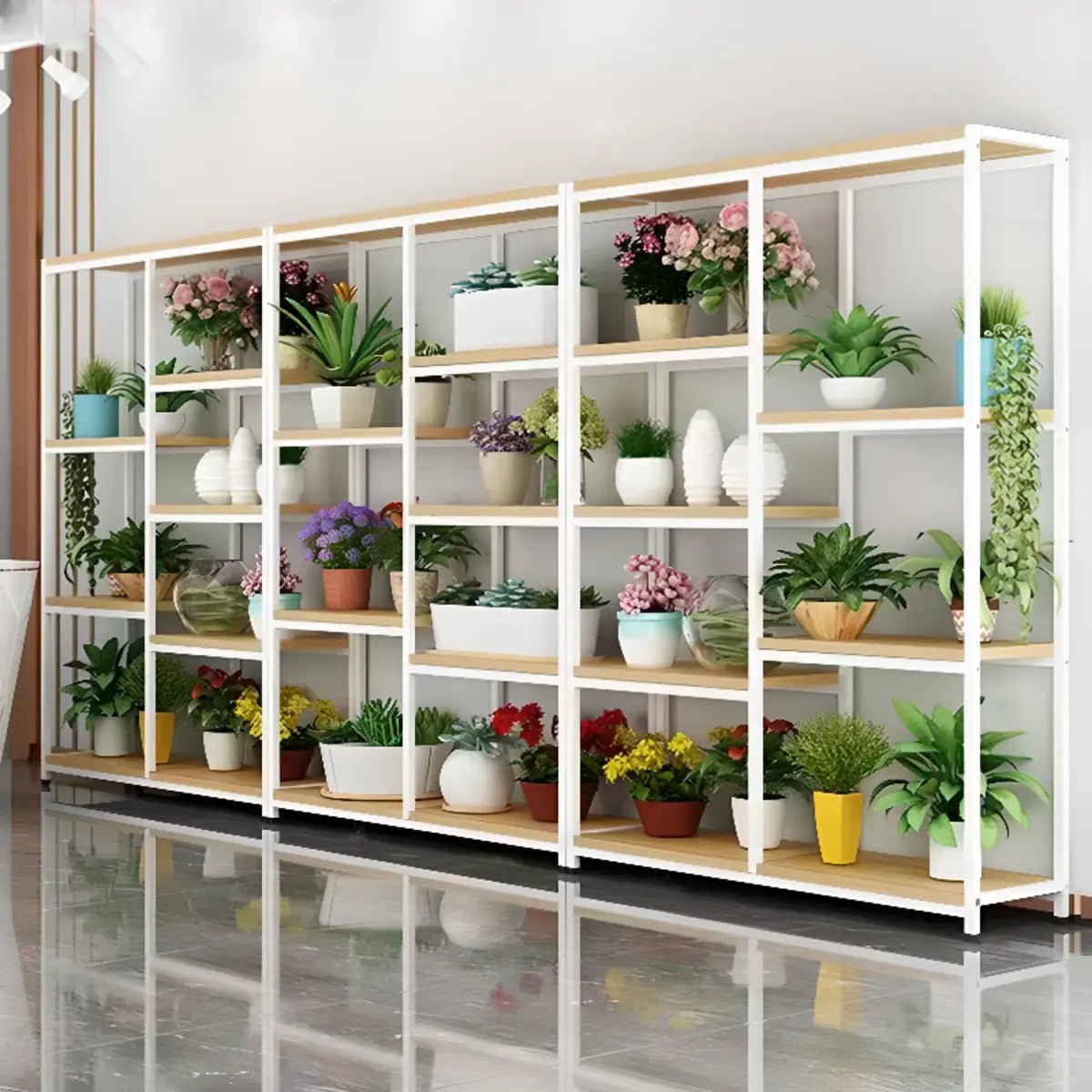 Modern Large Metal Wood Floor Storage Plant Stand White Image - 1
