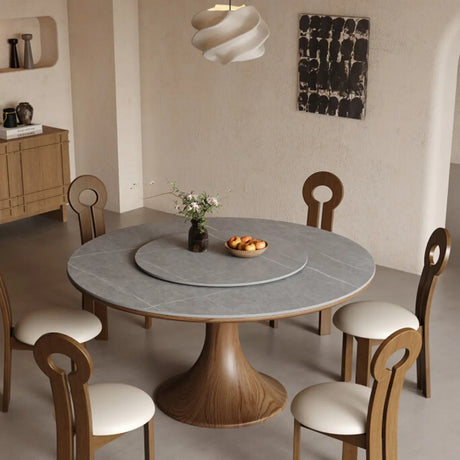 Modern Lazy Susan Stone Round Gray Wood Dining Table Image - 1