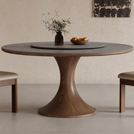 Modern Lazy Susan Stone Round Gray Wood Dining Table Image - 3