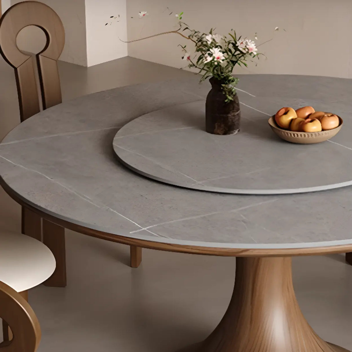 Modern Lazy Susan Stone Round Gray Wood Dining Table Image - 5