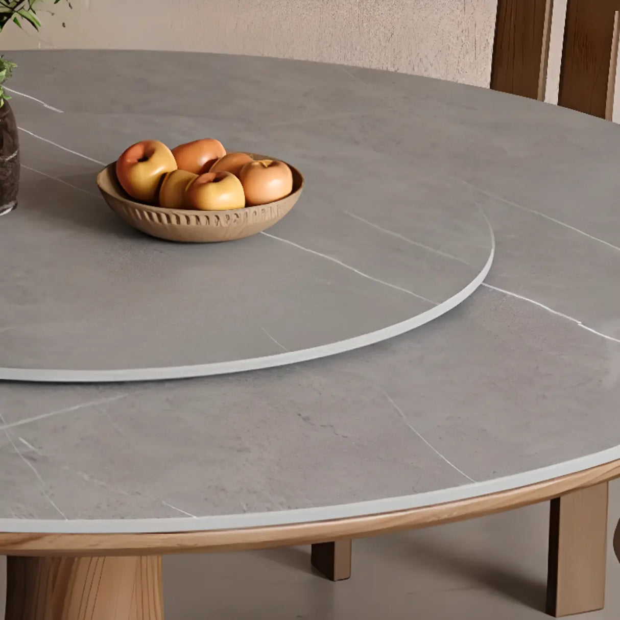 Modern Lazy Susan Stone Round Gray Wood Dining Table Image - 6