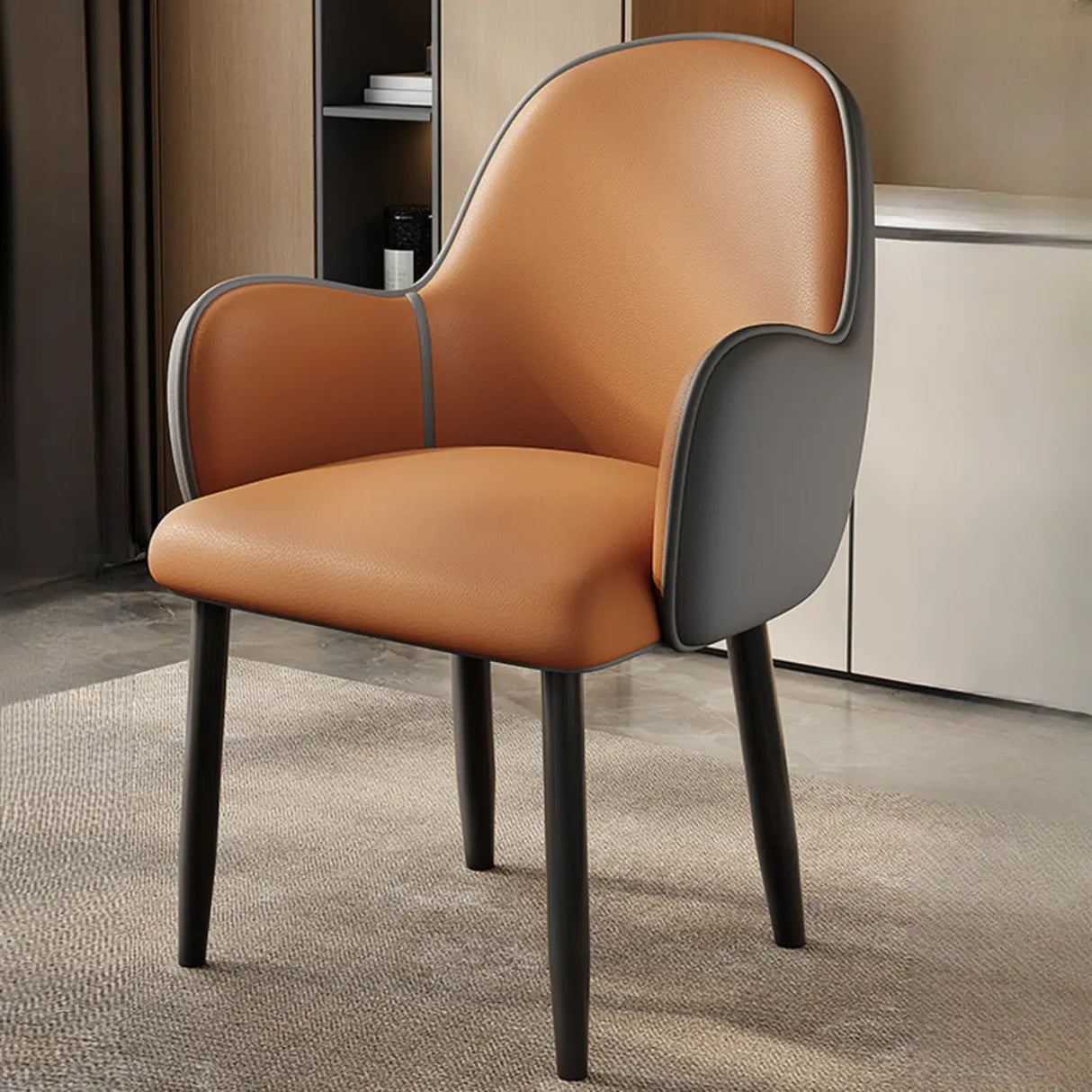 Modern Leather Upholstered Dining Chair with Armrests Image - 11