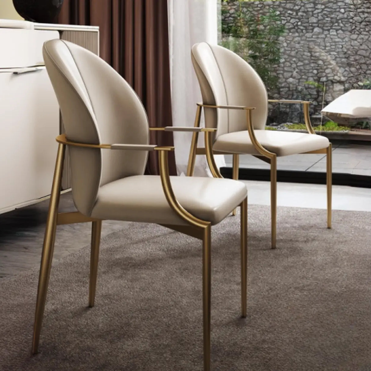 Modern Leather Upholstered Ergonomic Back Arm Dining Chair Image - 1