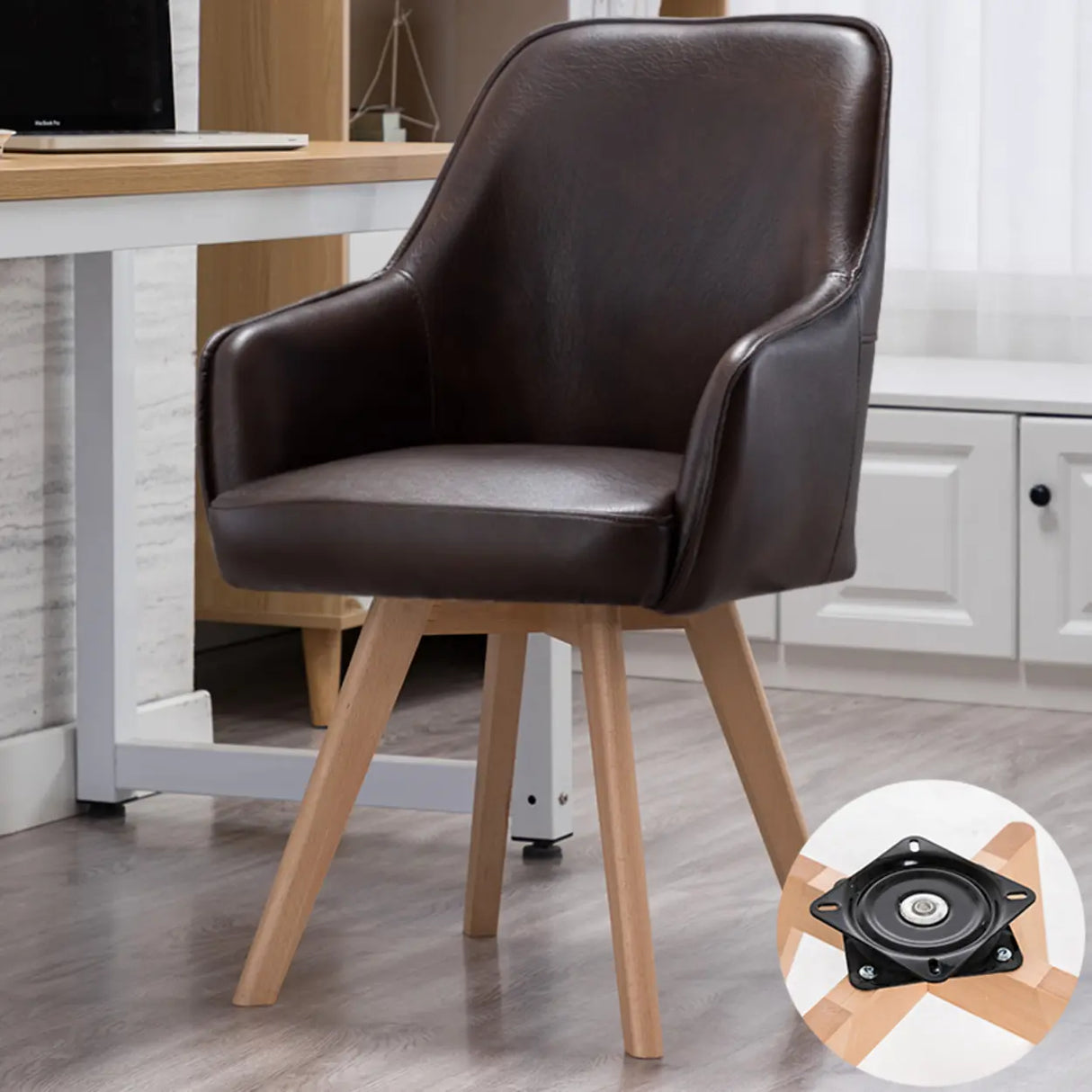 Modern Leather Upholstered Swivel Dining Chair with Wood Legs Image - 11
