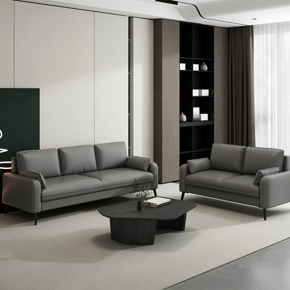 Modern Light Gray Leather Foam Fill Black Leg Loveseat Image - 3