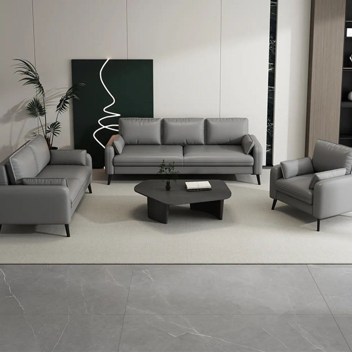 Modern Light Gray Leather Foam Fill Black Leg Loveseat Image - 6
