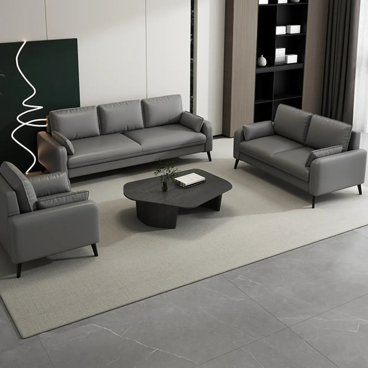Modern Light Gray Leather Foam Fill Black Leg Loveseat Image - 8