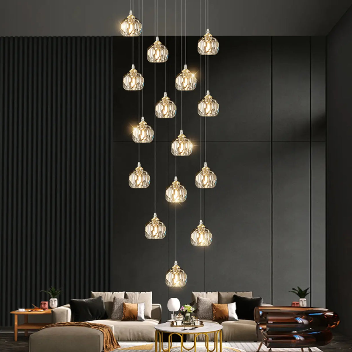 Modern Living Room Clear Crystal Ball Cluster Pendant Light Image - 2
