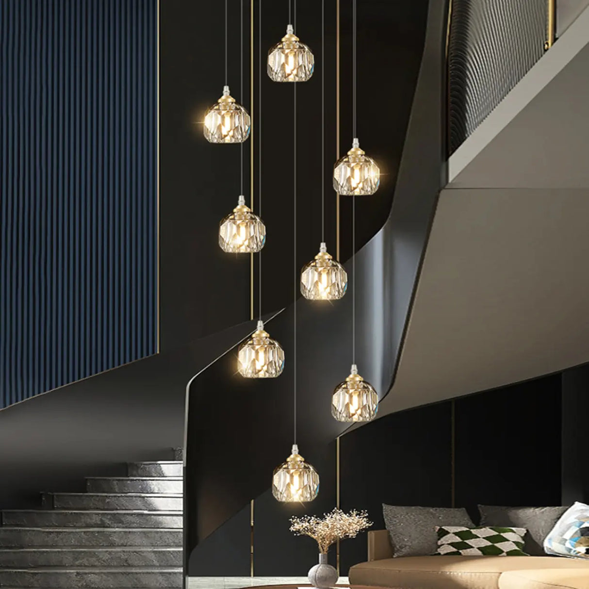 Modern Living Room Clear Crystal Ball Cluster Pendant Light Image - 6