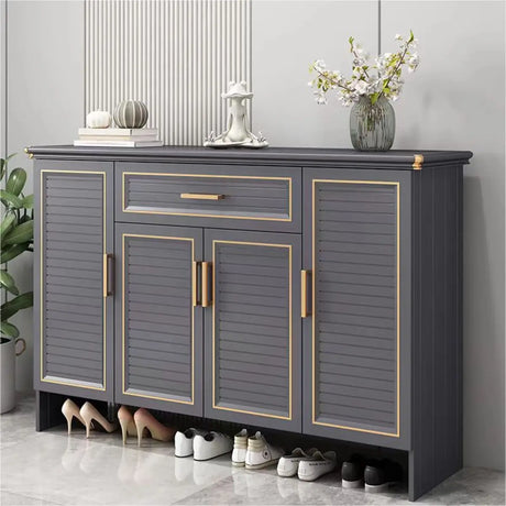 Modern Louver Wooden Entryway Gray Spacious Shoe Cabinet Image - 1