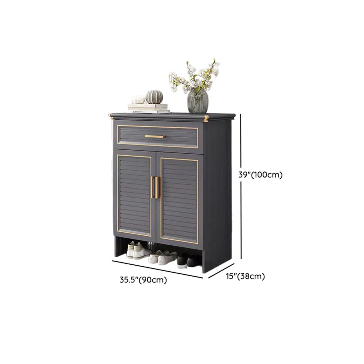 Modern Louver Wooden Entryway Gray Spacious Shoe Cabinet 