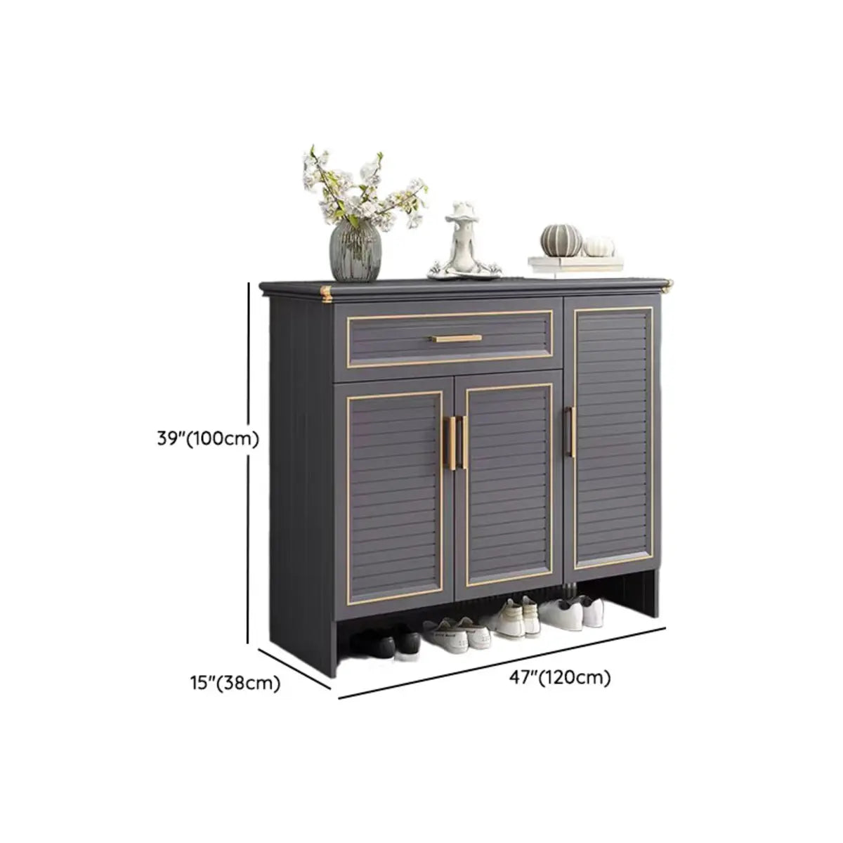 Modern Louver Wooden Entryway Gray Spacious Shoe Cabinet Image - 16